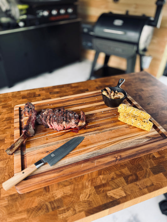 Reverse Seared Tomahawk Ribeye with Grilled Potatoes & Corn on the Cob