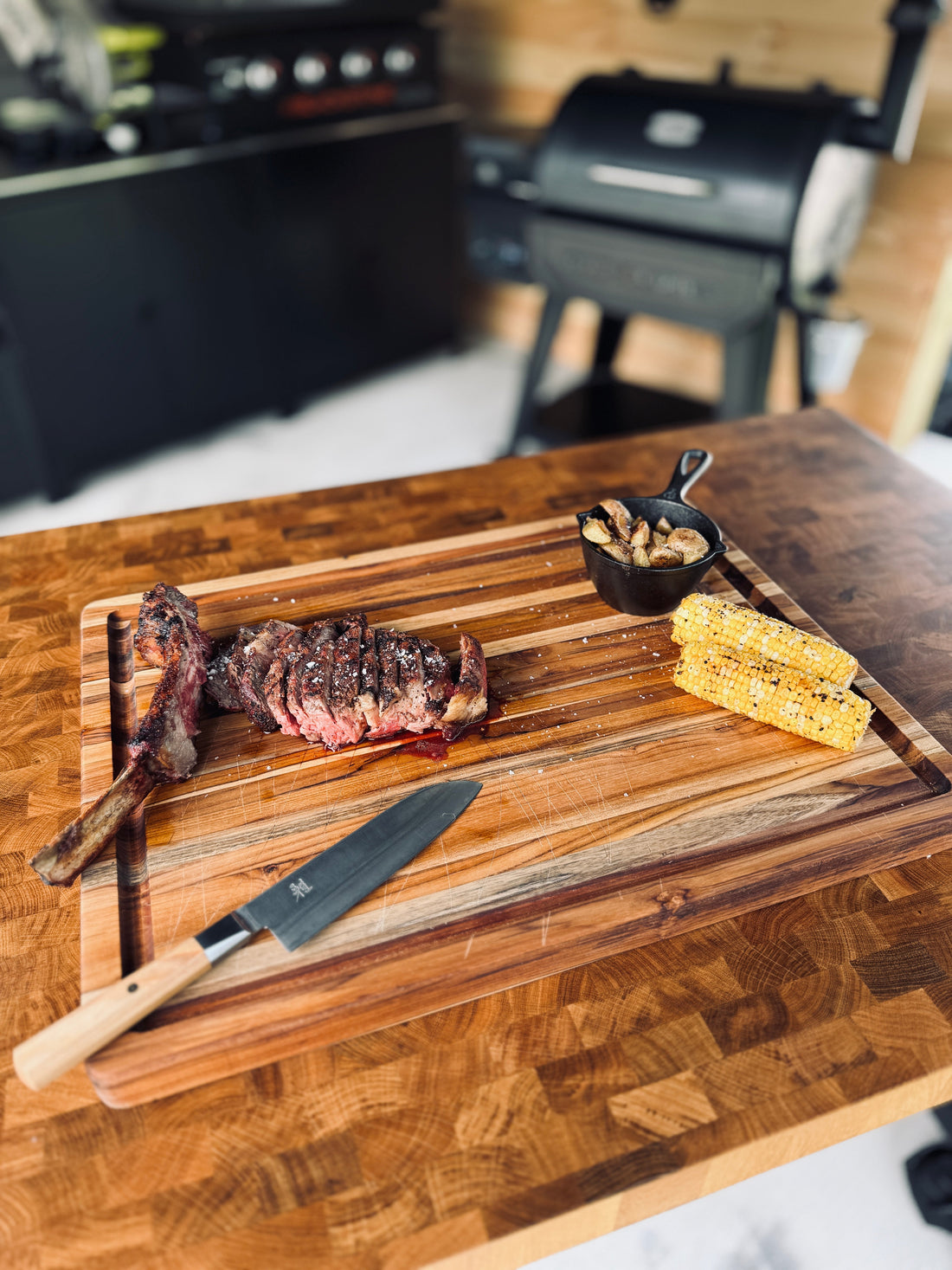 Reverse Seared Tomahawk Ribeye with Grilled Potatoes & Corn on the Cob